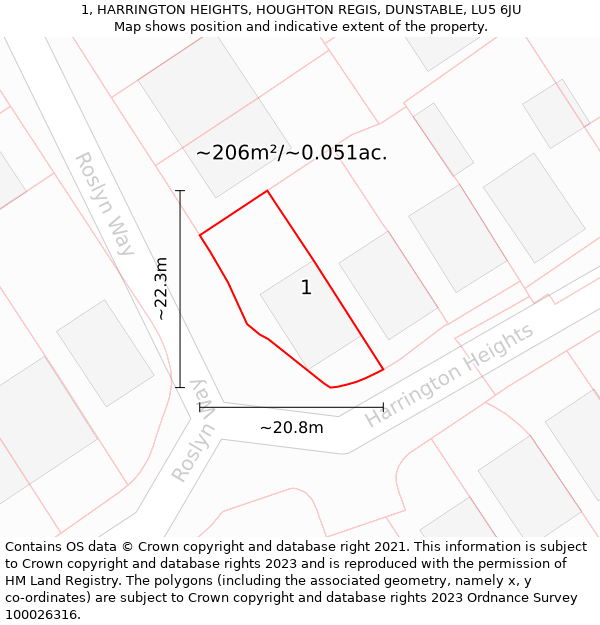 1, HARRINGTON HEIGHTS, HOUGHTON REGIS, DUNSTABLE, LU5 6JU: Plot and title map