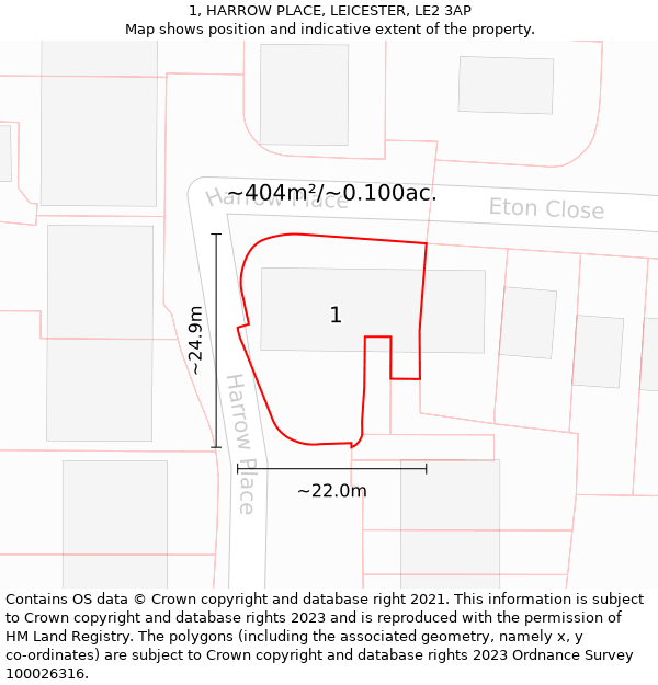 1, HARROW PLACE, LEICESTER, LE2 3AP: Plot and title map