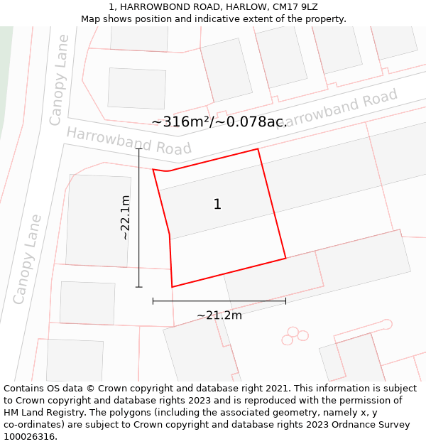 1, HARROWBOND ROAD, HARLOW, CM17 9LZ: Plot and title map