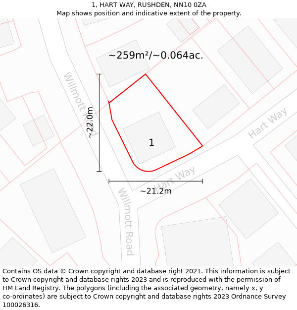 1, HART WAY, RUSHDEN, NN10 0ZA: Plot and title map