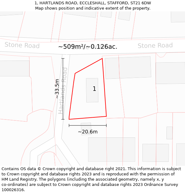 1, HARTLANDS ROAD, ECCLESHALL, STAFFORD, ST21 6DW: Plot and title map