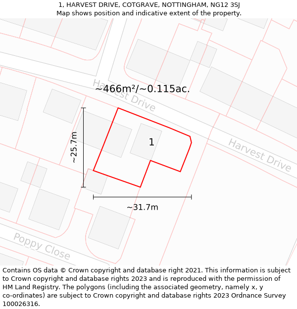 1, HARVEST DRIVE, COTGRAVE, NOTTINGHAM, NG12 3SJ: Plot and title map