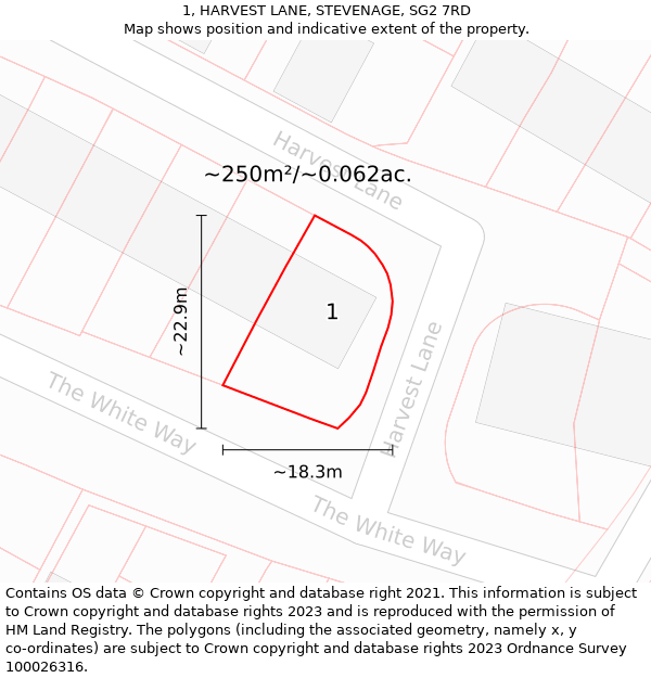 1, HARVEST LANE, STEVENAGE, SG2 7RD: Plot and title map