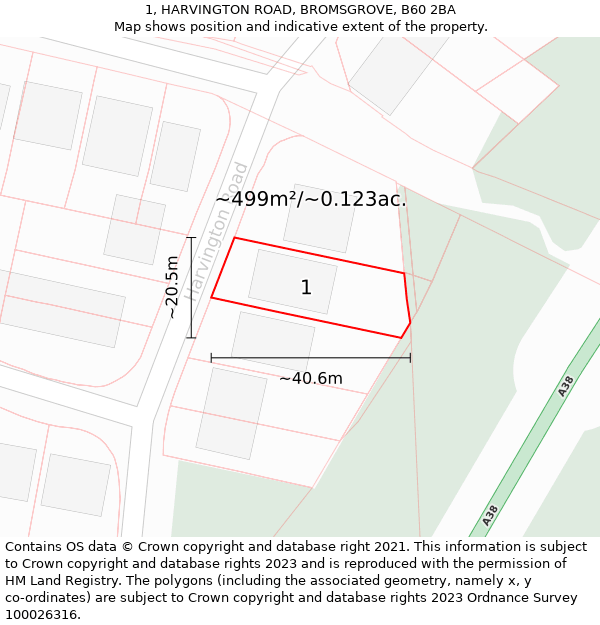 1, HARVINGTON ROAD, BROMSGROVE, B60 2BA: Plot and title map