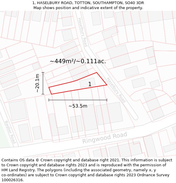 1, HASELBURY ROAD, TOTTON, SOUTHAMPTON, SO40 3DR: Plot and title map