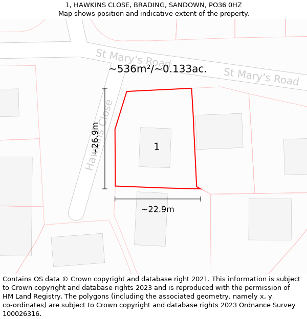 1, HAWKINS CLOSE, BRADING, SANDOWN, PO36 0HZ: Plot and title map