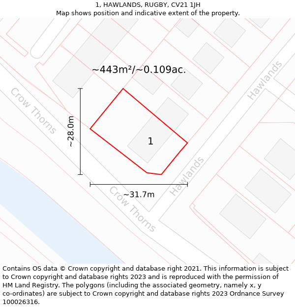 1, HAWLANDS, RUGBY, CV21 1JH: Plot and title map