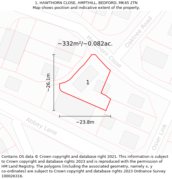 1, HAWTHORN CLOSE, AMPTHILL, BEDFORD, MK45 2TN: Plot and title map