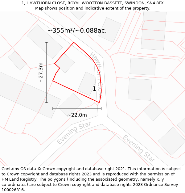 1, HAWTHORN CLOSE, ROYAL WOOTTON BASSETT, SWINDON, SN4 8FX: Plot and title map