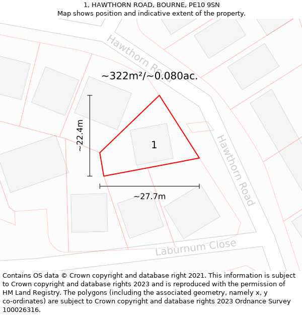 1, HAWTHORN ROAD, BOURNE, PE10 9SN: Plot and title map