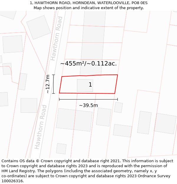 1, HAWTHORN ROAD, HORNDEAN, WATERLOOVILLE, PO8 0ES: Plot and title map