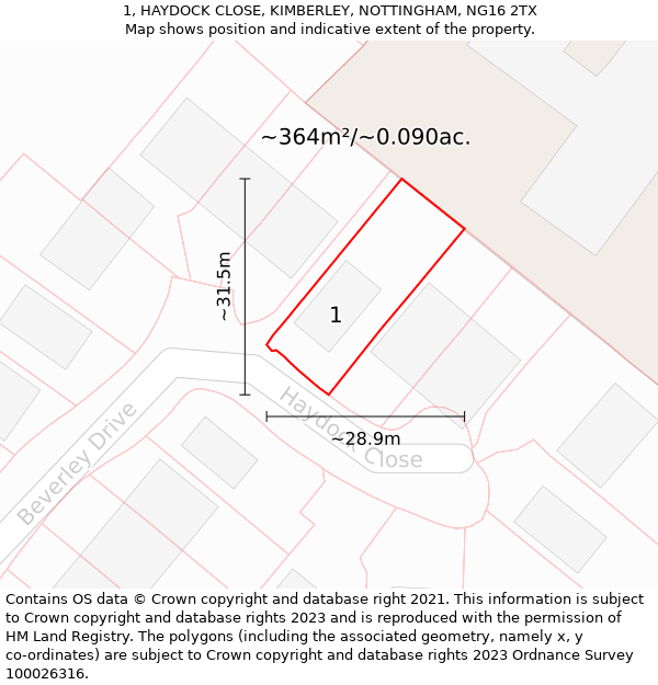 1, HAYDOCK CLOSE, KIMBERLEY, NOTTINGHAM, NG16 2TX: Plot and title map