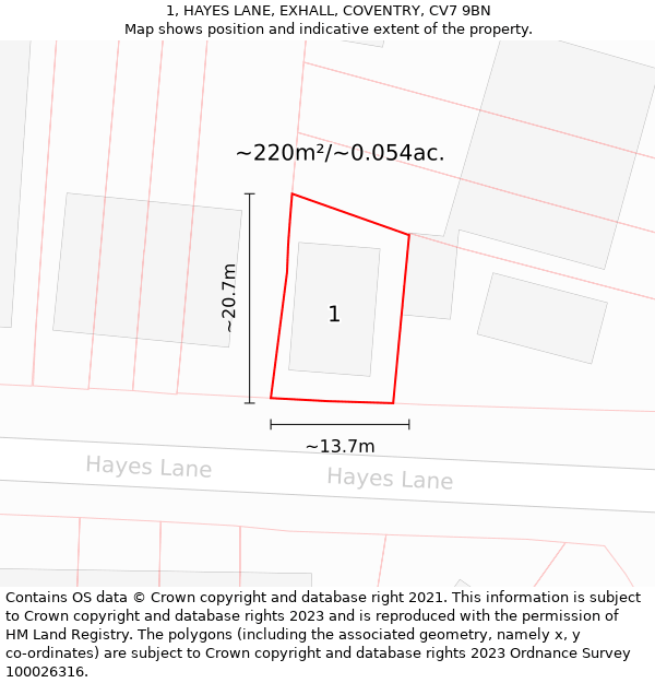 1, HAYES LANE, EXHALL, COVENTRY, CV7 9BN: Plot and title map