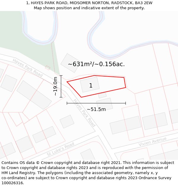 1, HAYES PARK ROAD, MIDSOMER NORTON, RADSTOCK, BA3 2EW: Plot and title map