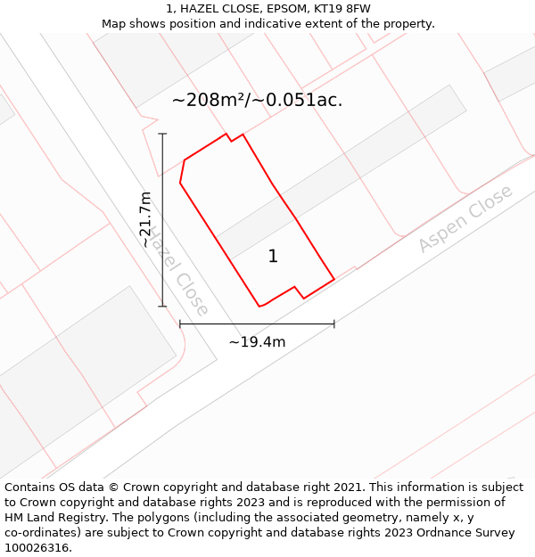 1, HAZEL CLOSE, EPSOM, KT19 8FW: Plot and title map