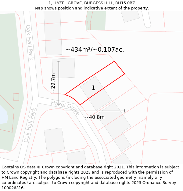 1, HAZEL GROVE, BURGESS HILL, RH15 0BZ: Plot and title map