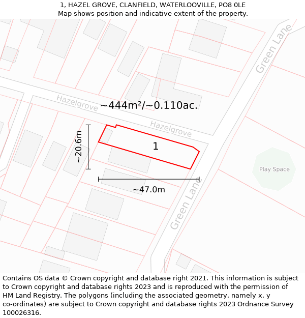 1, HAZEL GROVE, CLANFIELD, WATERLOOVILLE, PO8 0LE: Plot and title map