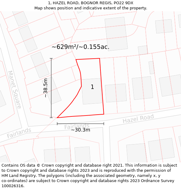 1, HAZEL ROAD, BOGNOR REGIS, PO22 9DX: Plot and title map