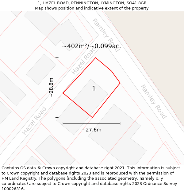 1, HAZEL ROAD, PENNINGTON, LYMINGTON, SO41 8GR: Plot and title map