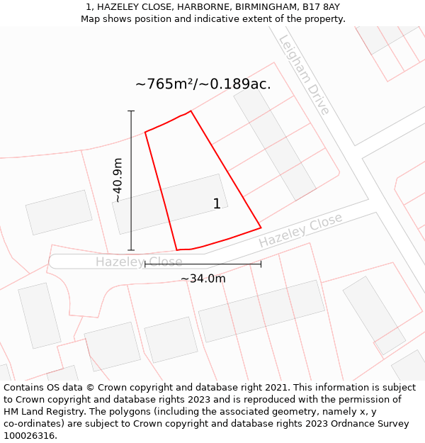 1, HAZELEY CLOSE, HARBORNE, BIRMINGHAM, B17 8AY: Plot and title map