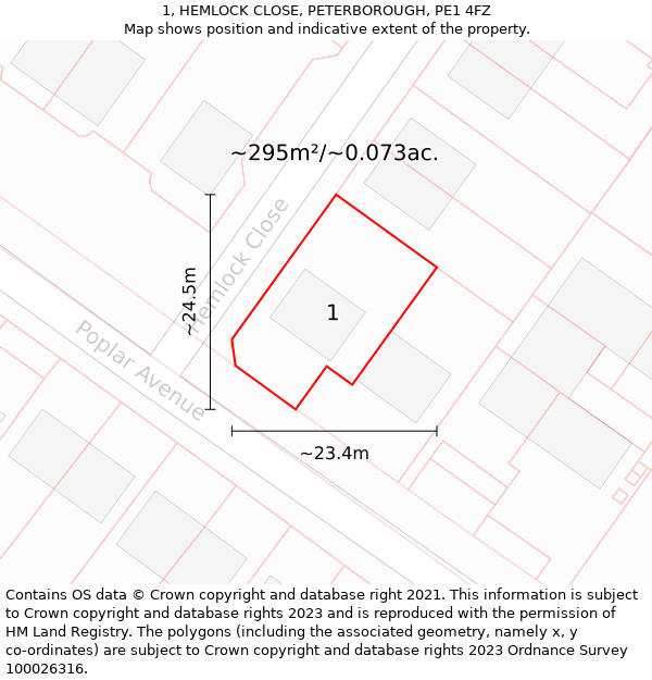 1, HEMLOCK CLOSE, PETERBOROUGH, PE1 4FZ: Plot and title map