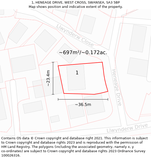 1, HENEAGE DRIVE, WEST CROSS, SWANSEA, SA3 5BP: Plot and title map