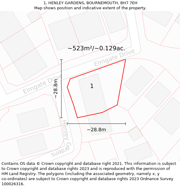 1, HENLEY GARDENS, BOURNEMOUTH, BH7 7EH: Plot and title map