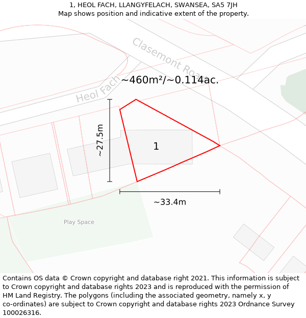 1, HEOL FACH, LLANGYFELACH, SWANSEA, SA5 7JH: Plot and title map