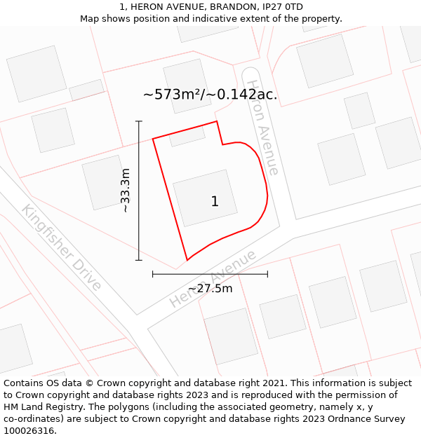 1, HERON AVENUE, BRANDON, IP27 0TD: Plot and title map