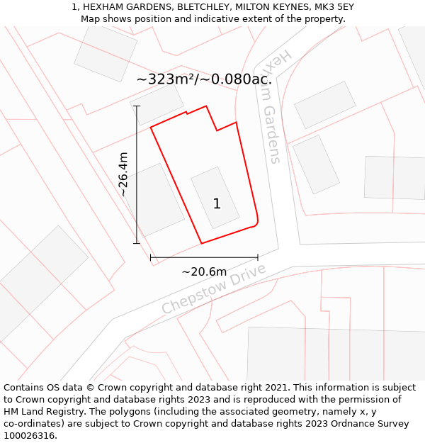 1, HEXHAM GARDENS, BLETCHLEY, MILTON KEYNES, MK3 5EY: Plot and title map