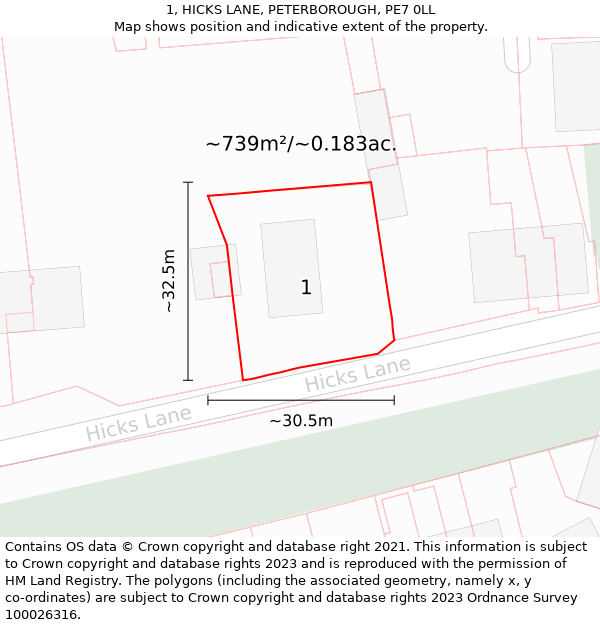 1, HICKS LANE, PETERBOROUGH, PE7 0LL: Plot and title map