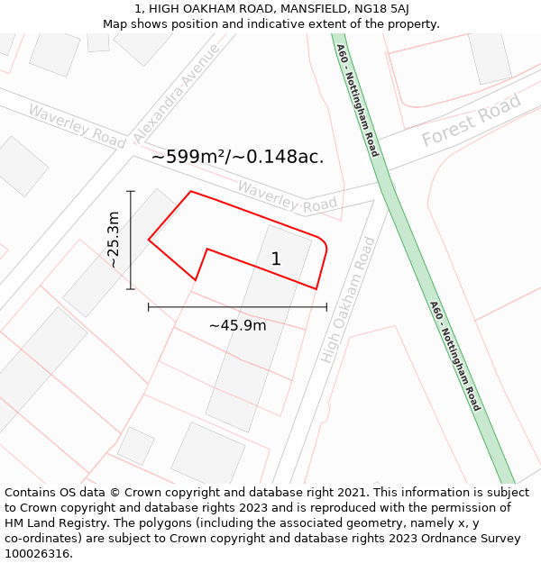 1, HIGH OAKHAM ROAD, MANSFIELD, NG18 5AJ: Plot and title map