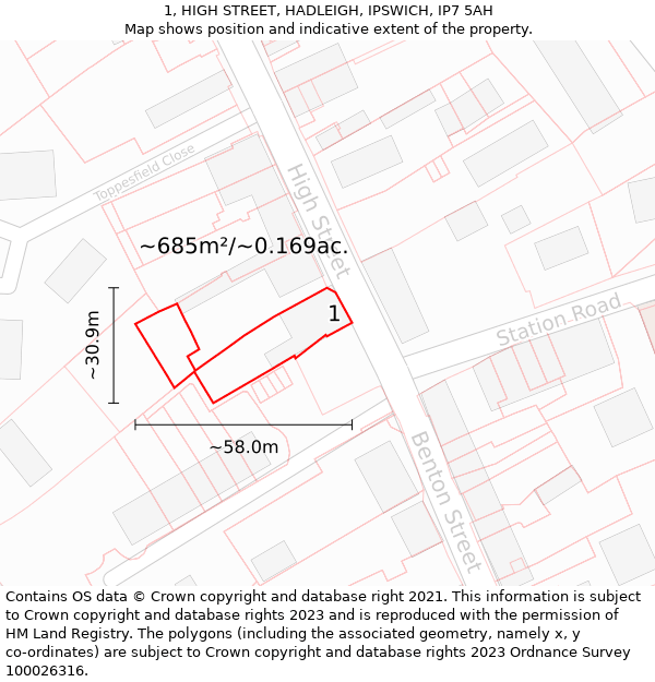 1, HIGH STREET, HADLEIGH, IPSWICH, IP7 5AH: Plot and title map