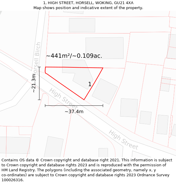1, HIGH STREET, HORSELL, WOKING, GU21 4XA: Plot and title map