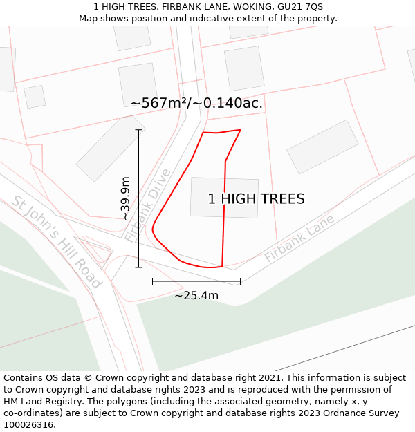 1 HIGH TREES, FIRBANK LANE, WOKING, GU21 7QS: Plot and title map