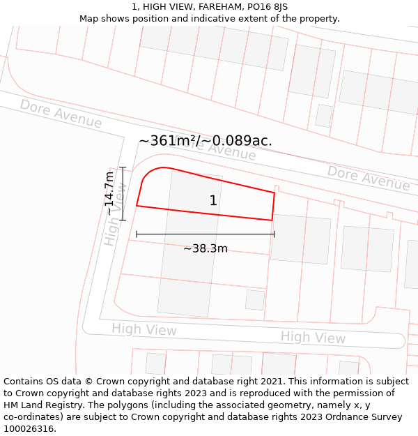 1, HIGH VIEW, FAREHAM, PO16 8JS: Plot and title map