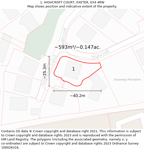 1, HIGHCROFT COURT, EXETER, EX4 4RW: Plot and title map