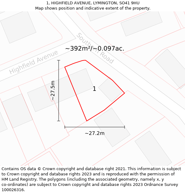 1, HIGHFIELD AVENUE, LYMINGTON, SO41 9HU: Plot and title map