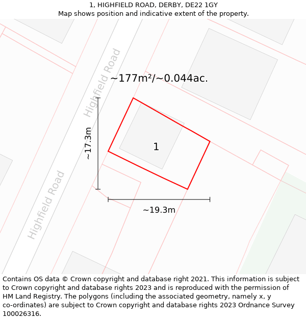 1, HIGHFIELD ROAD, DERBY, DE22 1GY: Plot and title map