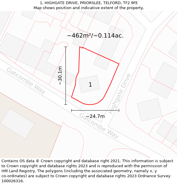 1, HIGHGATE DRIVE, PRIORSLEE, TELFORD, TF2 9FE: Plot and title map
