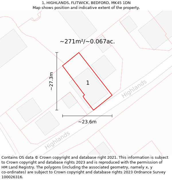 1, HIGHLANDS, FLITWICK, BEDFORD, MK45 1DN: Plot and title map