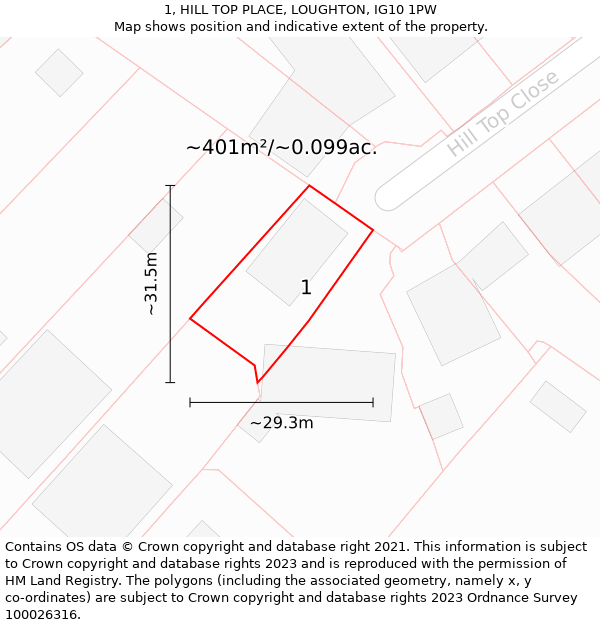 1, HILL TOP PLACE, LOUGHTON, IG10 1PW: Plot and title map