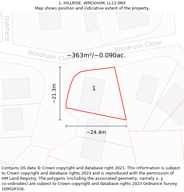 1, HILLRISE, WREXHAM, LL13 0NX: Plot and title map