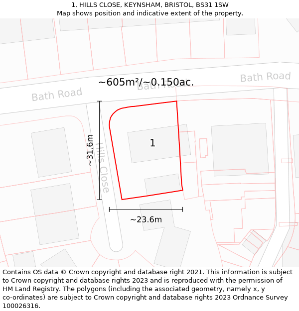 1, HILLS CLOSE, KEYNSHAM, BRISTOL, BS31 1SW: Plot and title map