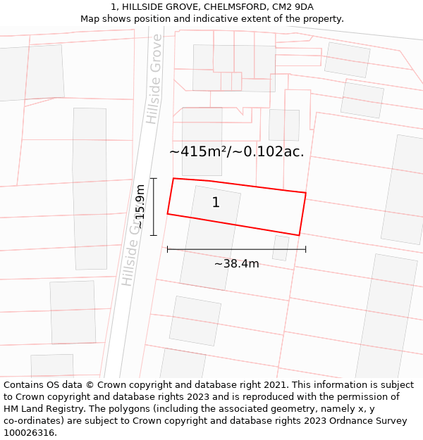 1, HILLSIDE GROVE, CHELMSFORD, CM2 9DA: Plot and title map