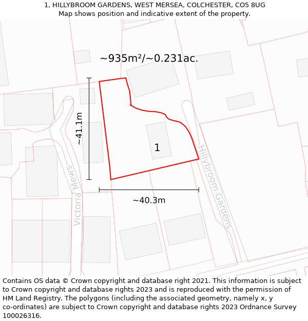 1, HILLYBROOM GARDENS, WEST MERSEA, COLCHESTER, CO5 8UG: Plot and title map