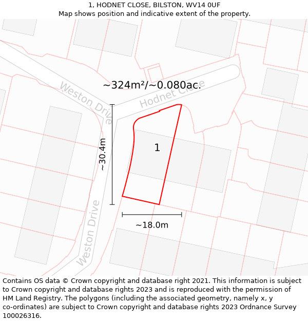 1, HODNET CLOSE, BILSTON, WV14 0UF: Plot and title map