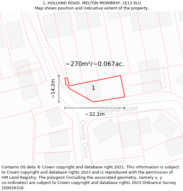 1, HOLLAND ROAD, MELTON MOWBRAY, LE13 0LU: Plot and title map