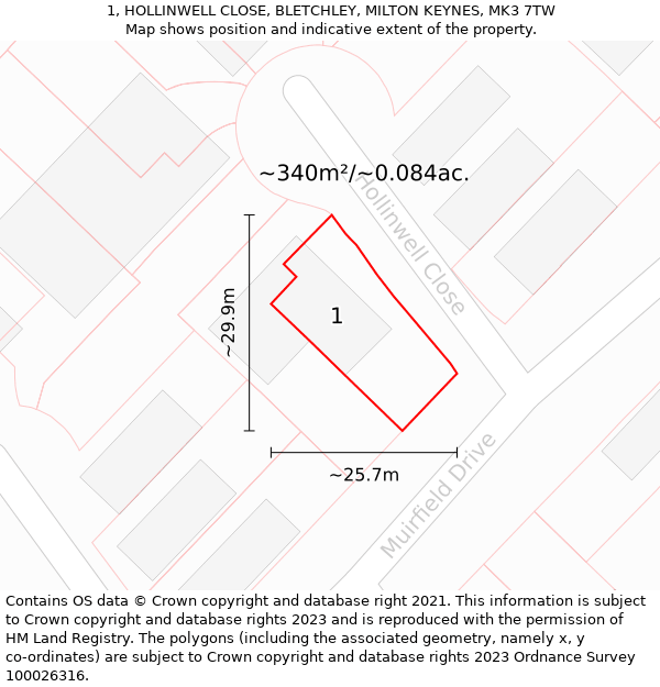1, HOLLINWELL CLOSE, BLETCHLEY, MILTON KEYNES, MK3 7TW: Plot and title map