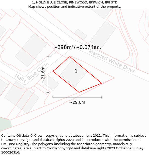 1, HOLLY BLUE CLOSE, PINEWOOD, IPSWICH, IP8 3TD: Plot and title map